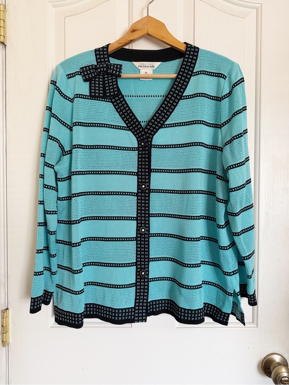 Misook Womens Aqua Blue Black Stripe Bow Button Front Cardigan size XL - Picture 2 of 8